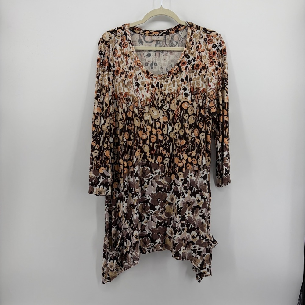 LOGO Lori Goldstein Womens M Brown Floral Tunic Sharkbite Hem Pockets 3/4 Sleeve